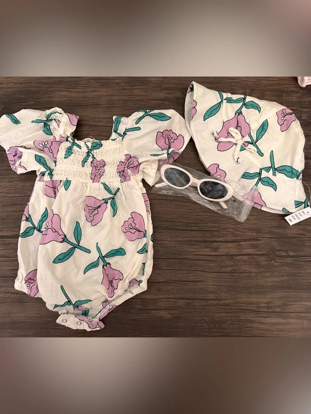 Jessica Simpson White Baby Hat with Light Purple Floral and Teal Leaves